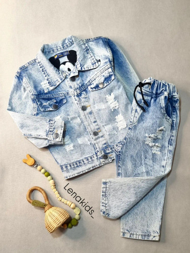 ست کت و شلوار جین آبی بچه گانه با طرح میکی